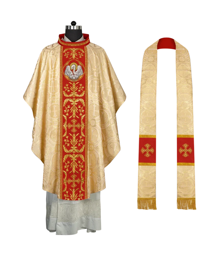 Gothic Chasuble with Ornate Pelican and Cross Embroidery