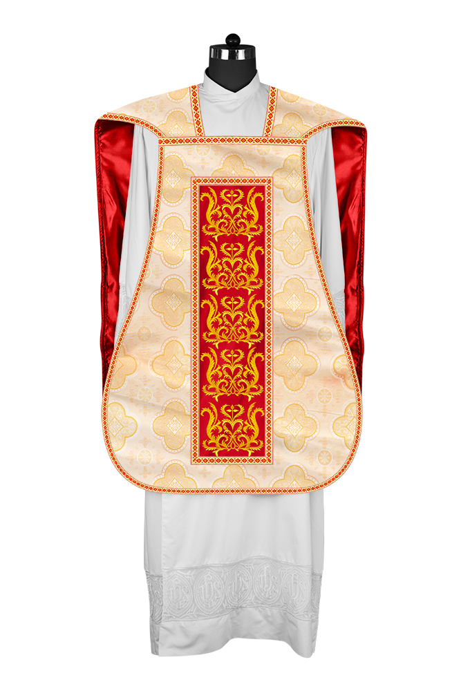 Liturgical Roman Chasuble Vestment With Spiritual Motifs and Trims