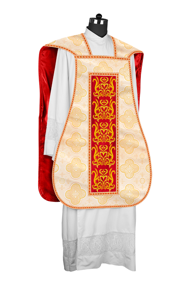 Liturgical Roman Chasuble Vestment With Spiritual Motifs and Trims