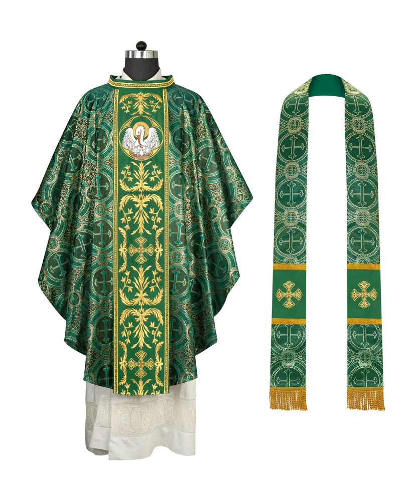 Gothic Chasuble with Ornate Pelican and Cross Embroidery