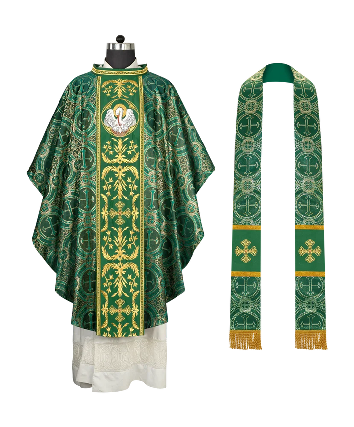 Gothic Chasuble with Ornate Pelican and Cross Embroidery