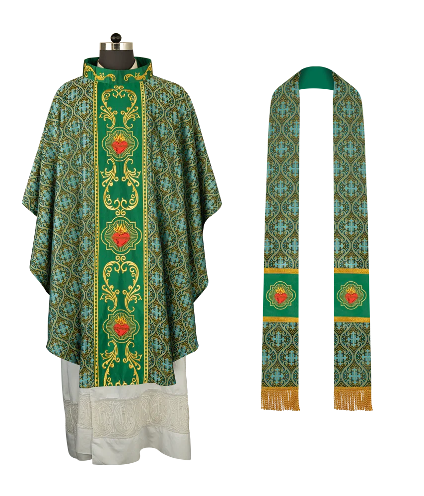 Gothic Style Chasuble with Sacred Heart Embroidered Orphrey