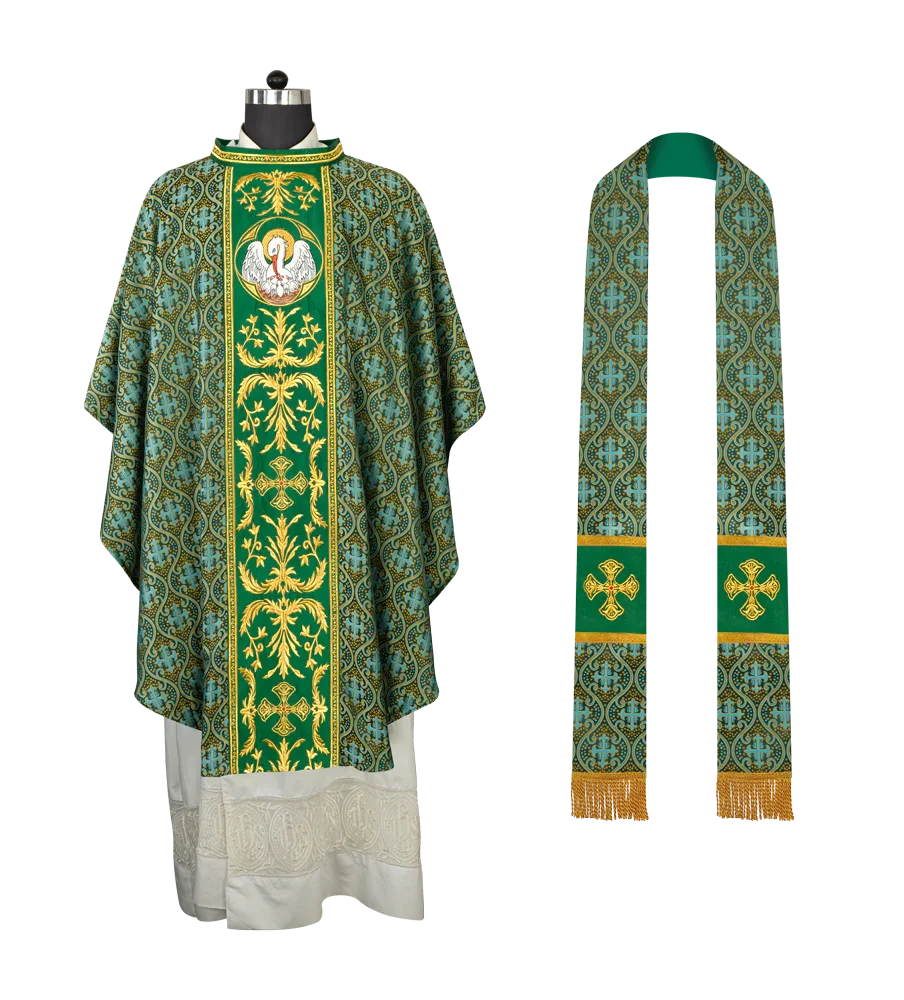 Gothic Chasuble with Ornate Pelican and Cross Embroidery