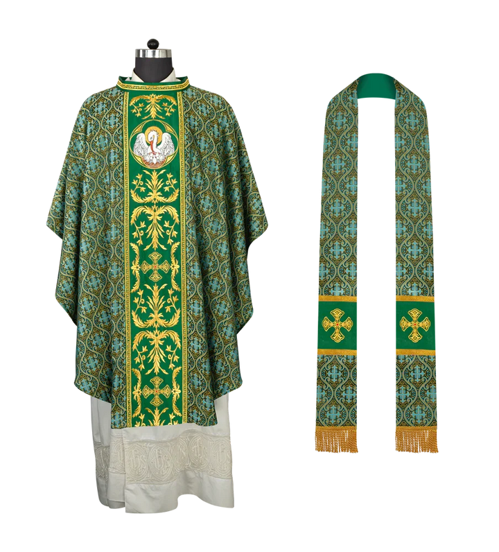 Gothic Chasuble with Ornate Pelican and Cross Embroidery