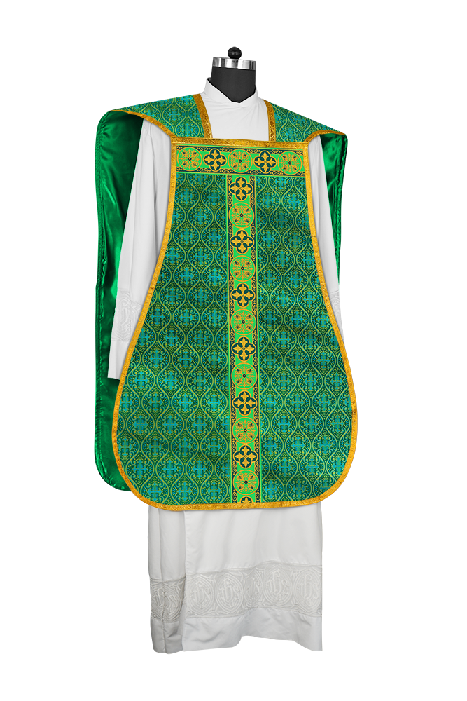 Vestidura romana con espalda de violín, motivos y ribetes trenzados 