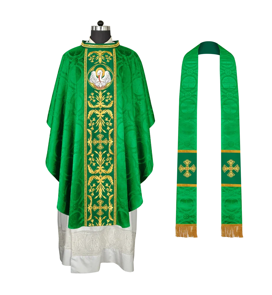 Gothic Chasuble with Ornate Pelican and Cross Embroidery