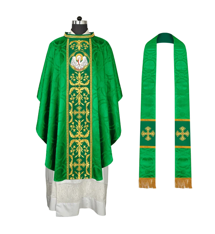 Gothic Chasuble with Ornate Pelican and Cross Embroidery