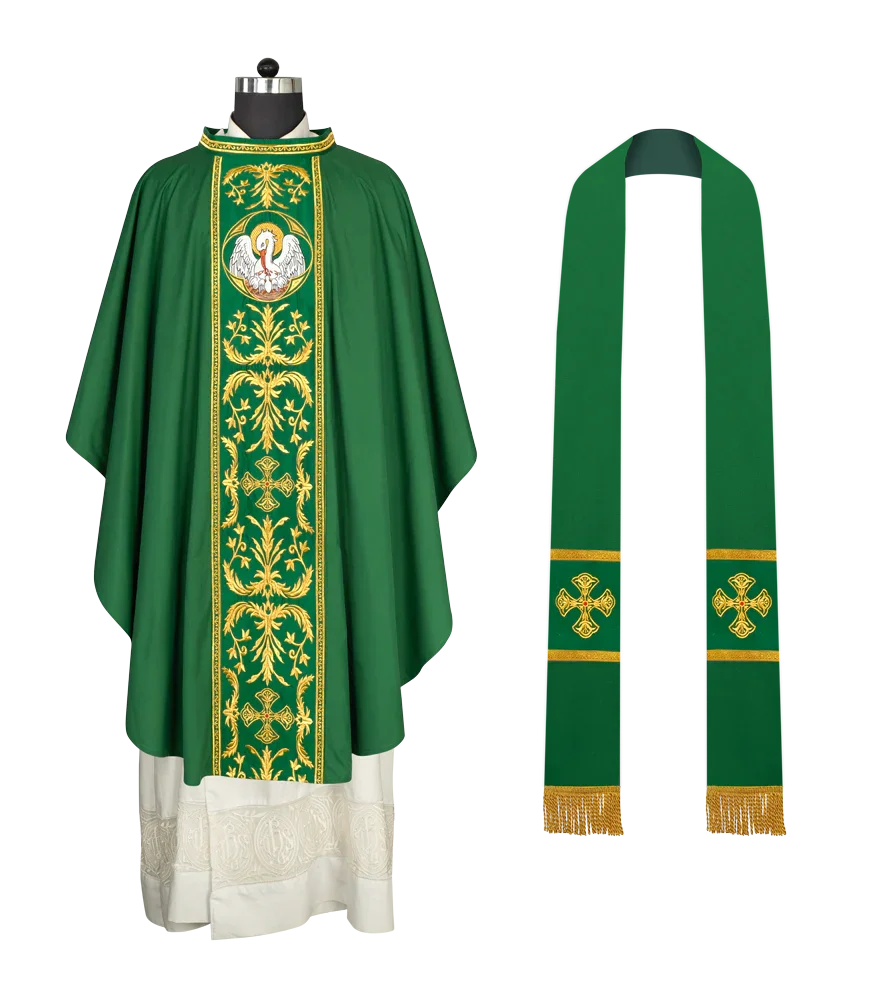 Gothic Chasuble with Ornate Pelican and Cross Embroidery