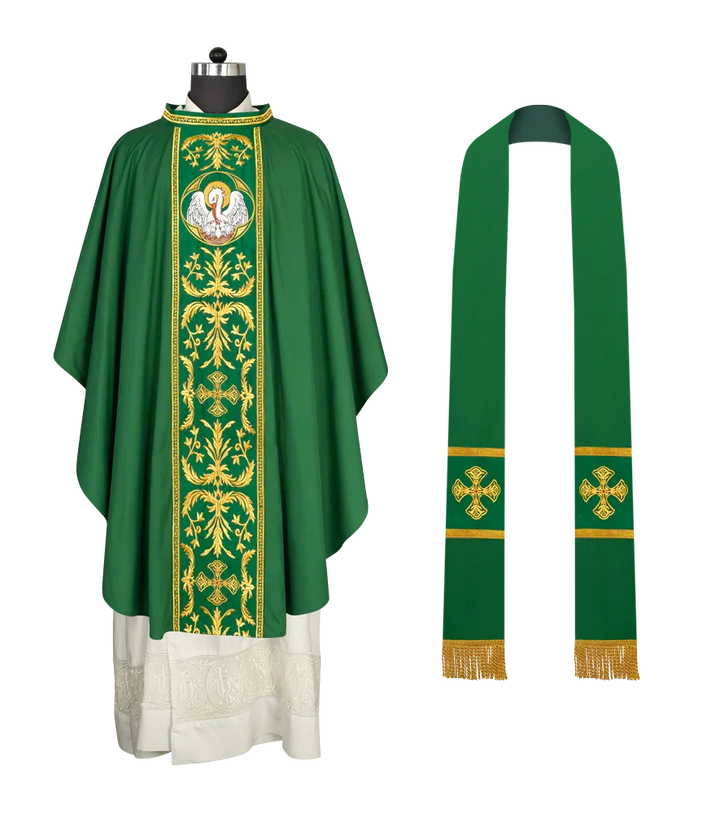 Gothic Chasuble with Ornate Pelican and Cross Embroidery