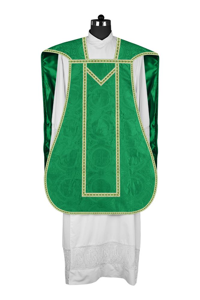 Casulla romana con motivos y ribetes adornados 