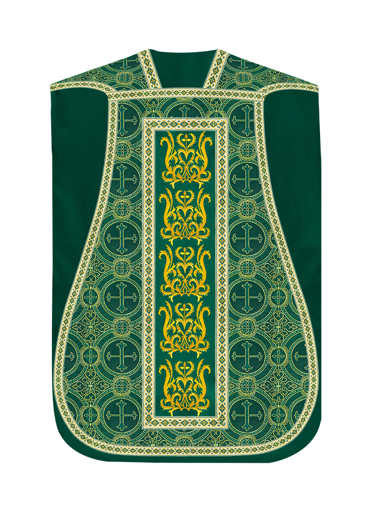 Liturgical Roman Chasuble Vestment With Spiritual Motifs and Trims