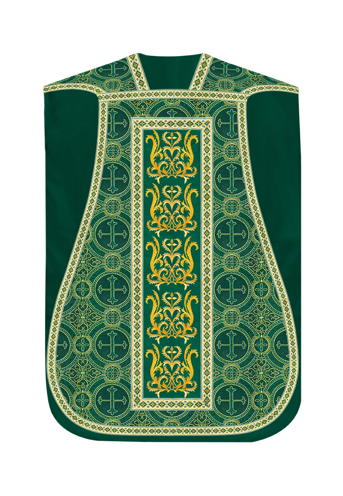 Liturgical Roman Chasuble Vestment With Spiritual Motifs and Trims