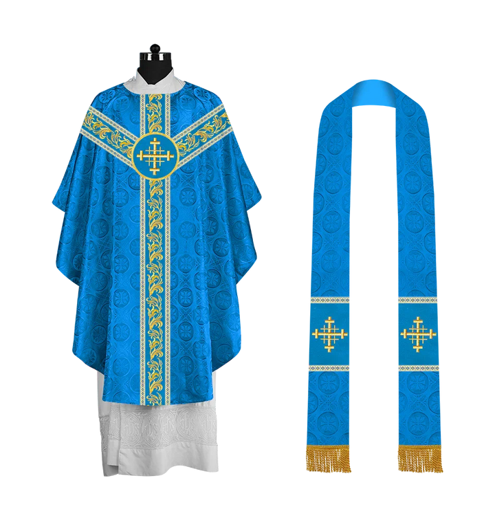 Premium Gothic Priest Chasuble with Embroidery Orphrey & Liturgical Motif