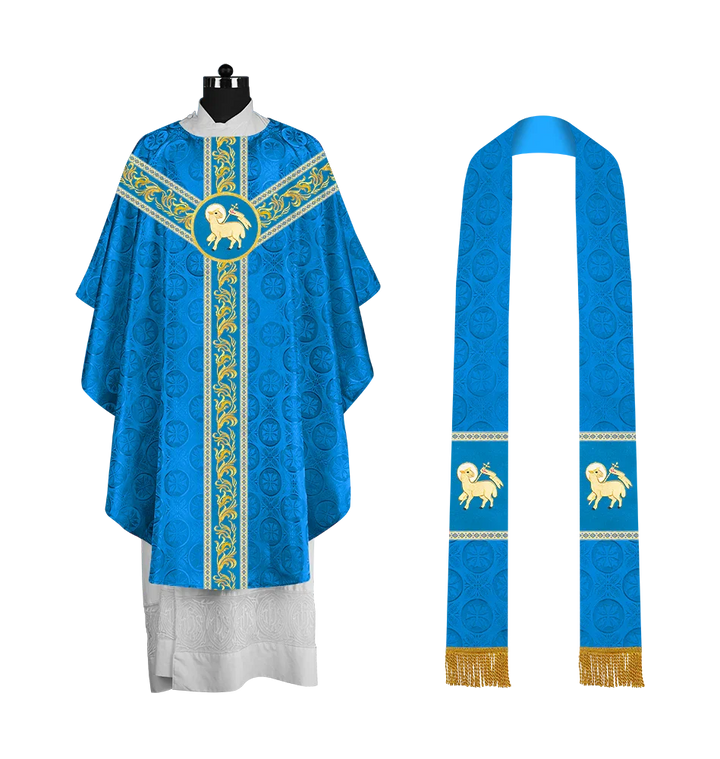 Premium Gothic Priest Chasuble with Embroidery Orphrey & Liturgical Motif
