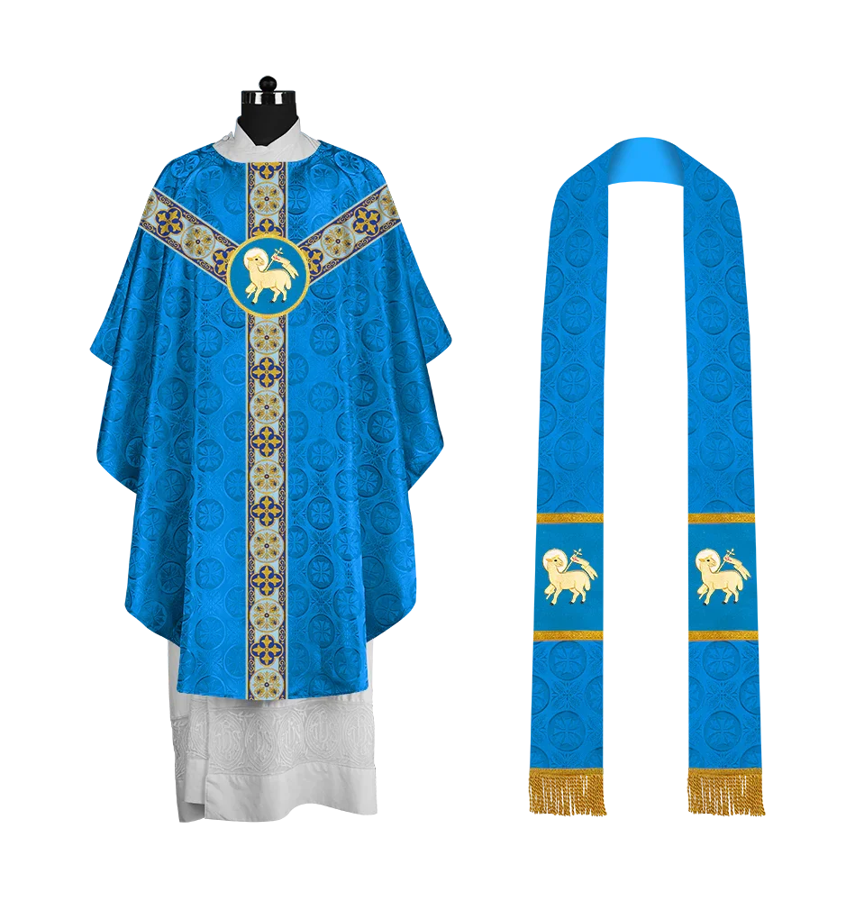 Gothic Chasuble Vestment with Spiritual Motif and Ornate Lace