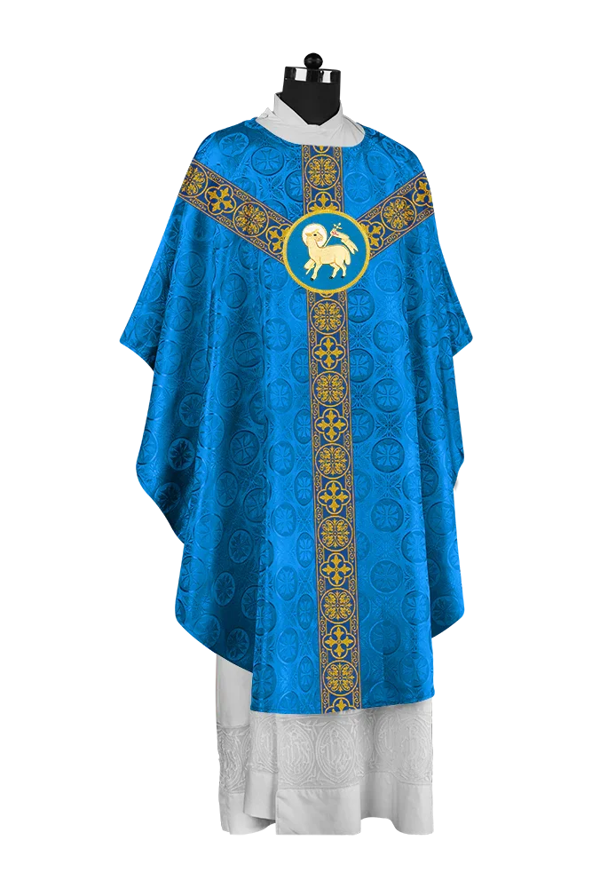 Traditional Gothic Chasuble with Embroidered Motif and Lace Orphrey