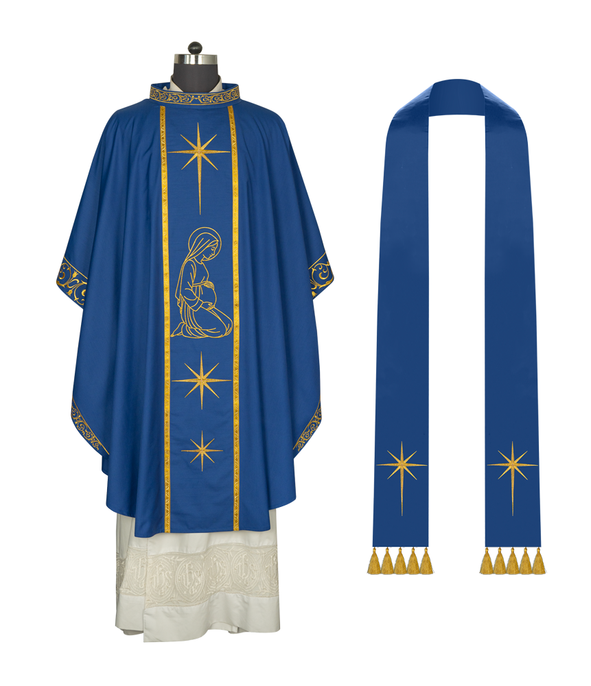 Liturgical Advent Chasuble Depicting Expectant Mary with Stars