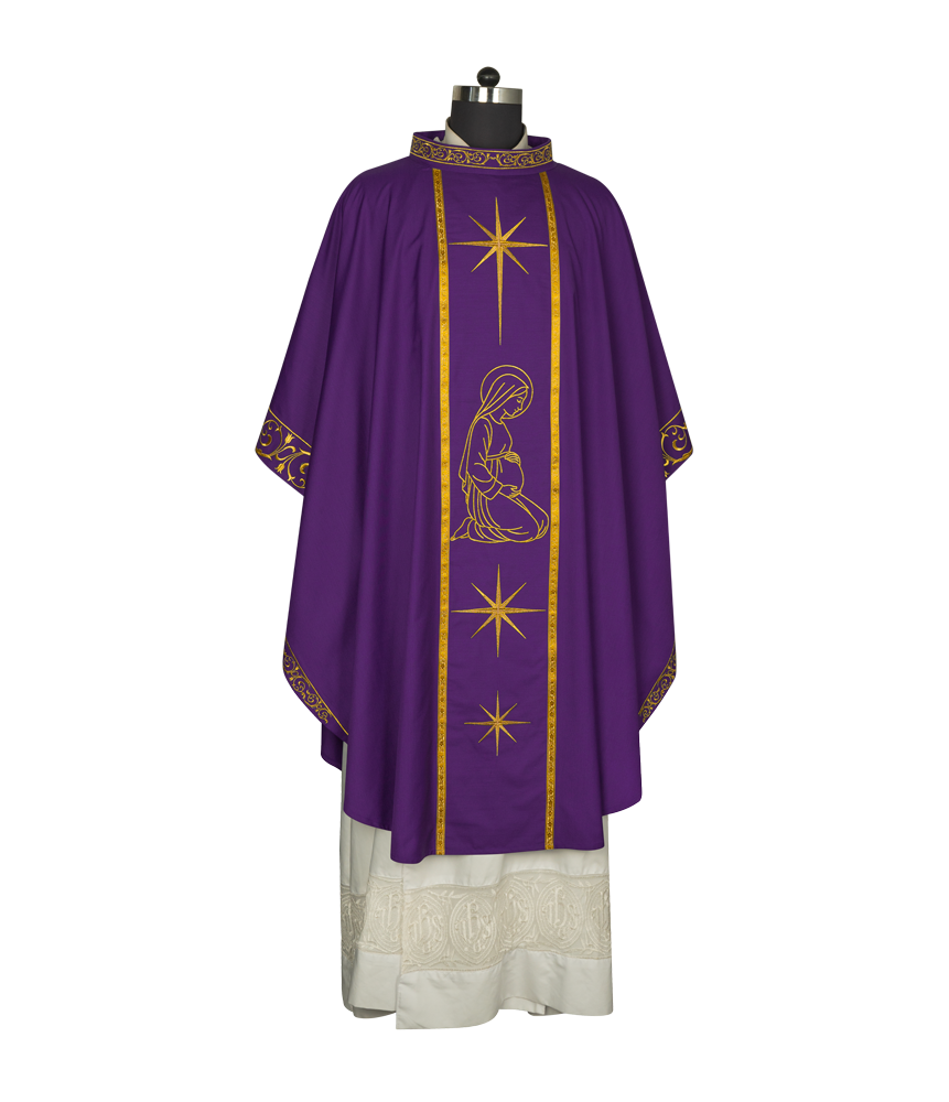 Liturgical Advent Chasuble Depicting Expectant Mary with Stars