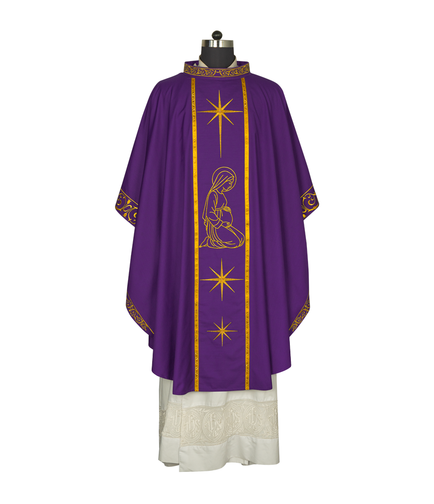 Liturgical Advent Chasuble Depicting Expectant Mary with Stars