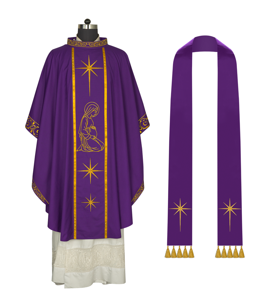 Liturgical Advent Chasuble Depicting Expectant Mary with Stars