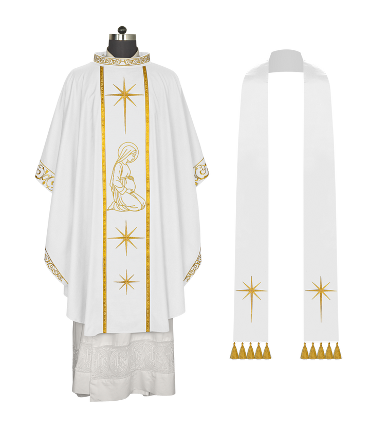 Liturgical Advent Chasuble Depicting Expectant Mary with Stars