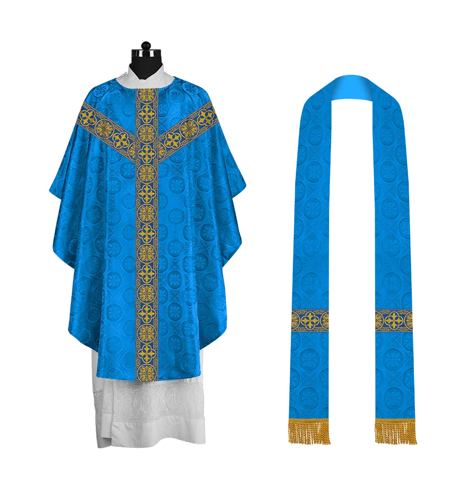Traditional Gothic Chasuble with Embroidered Motif and Lace Orphrey