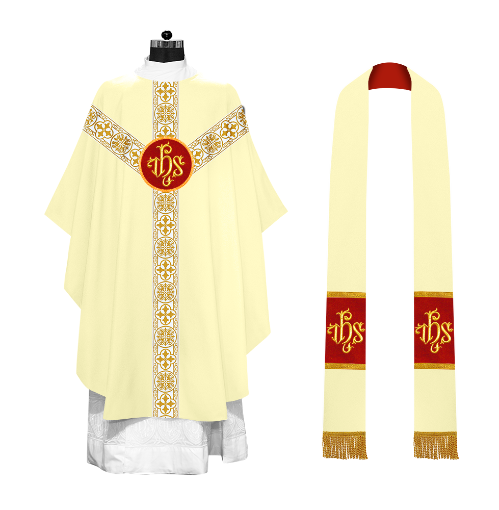 Gothic Chasuble Vestment with Motif and White Orphrey