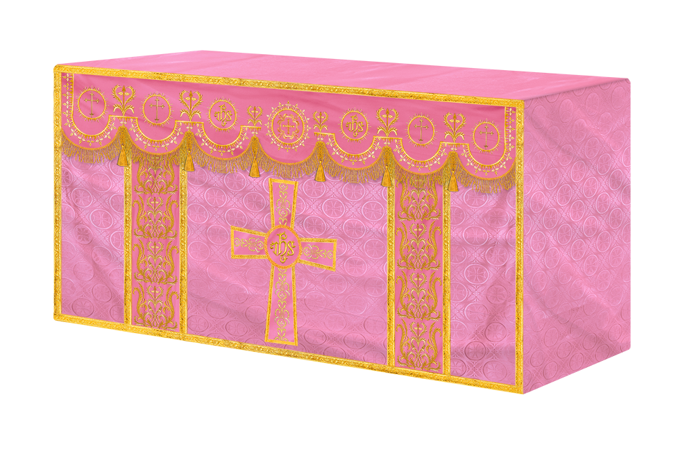 Traditional Altar Table Cloth with Ornate Motif and Embroidered Trims