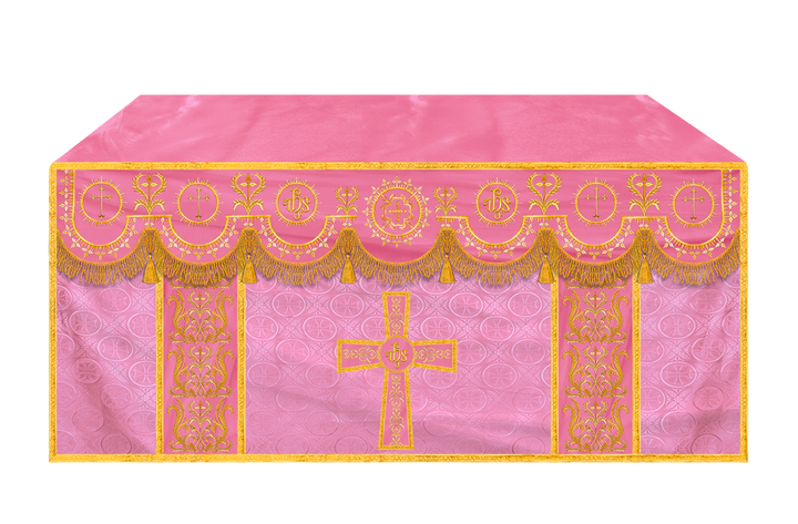 Traditional Altar Table Cloth with Ornate Motif and Embroidered Trims