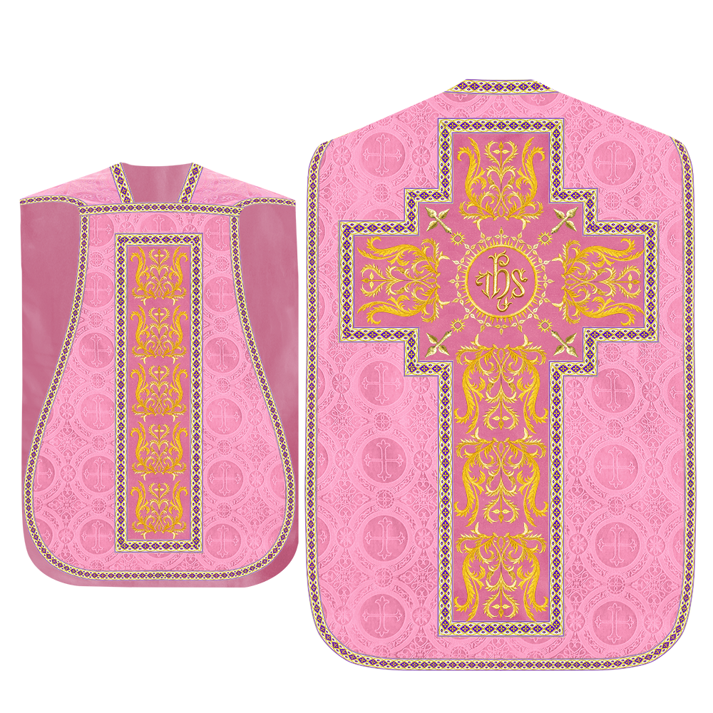 Liturgical Roman Chasuble Vestment With Spiritual Motifs and Trims