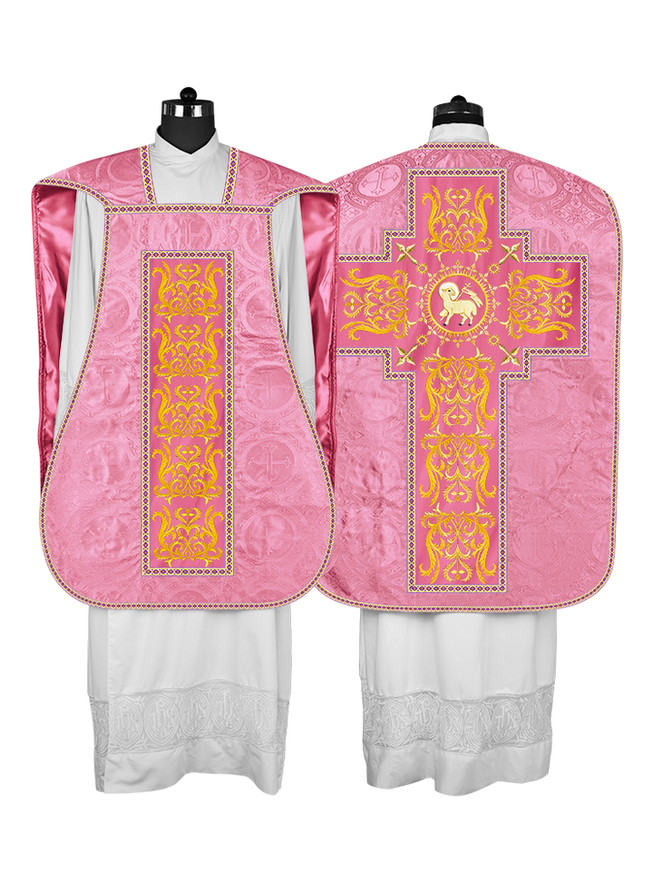 Liturgical Roman Chasuble Vestment With Spiritual Motifs and Trims