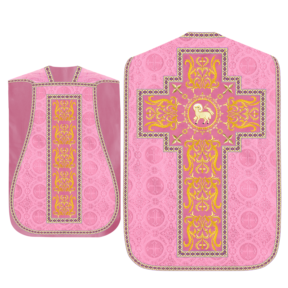 Liturgical Roman Chasuble Vestment With Spiritual Motifs and Trims