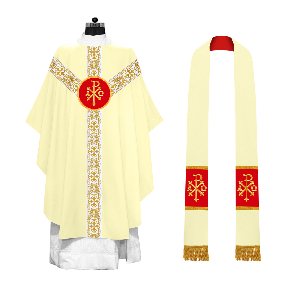 Gothic Chasuble Vestment with Motif and White Orphrey