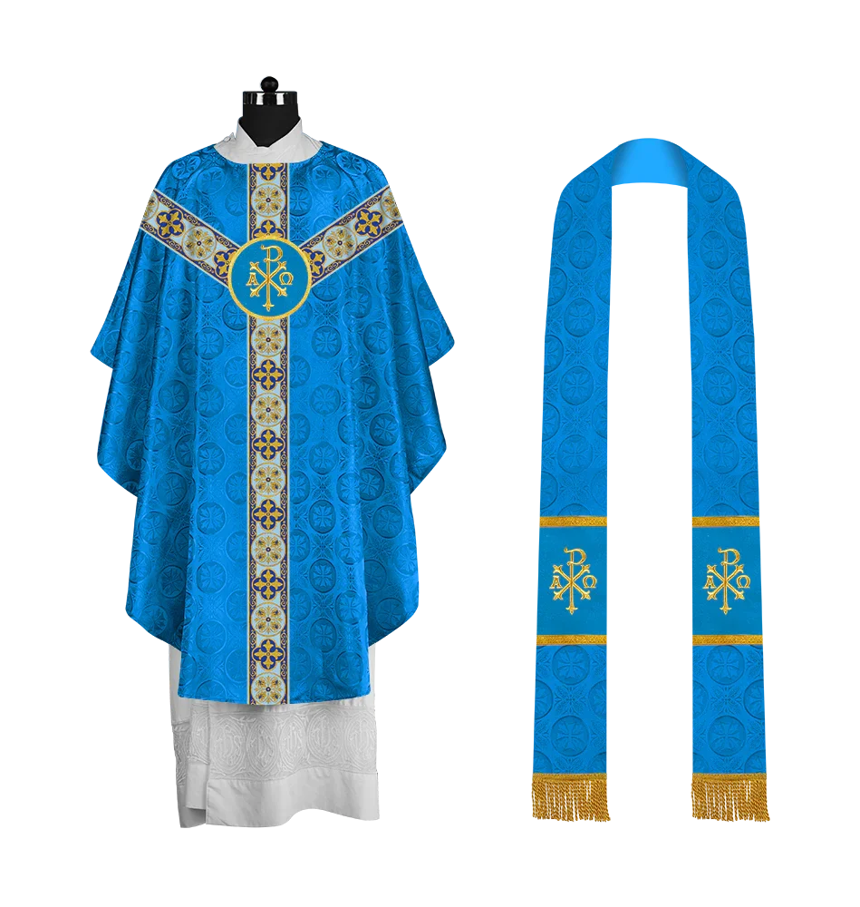 Gothic Chasuble Vestment with Spiritual Motif and Ornate Lace