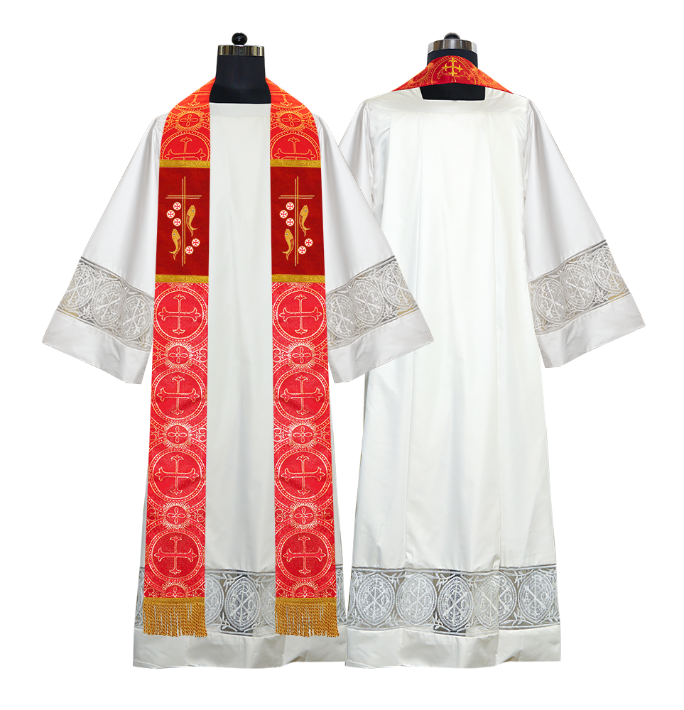 Catholic Priest Embroidered Clergy Stole with Fish and Spiritual Cross