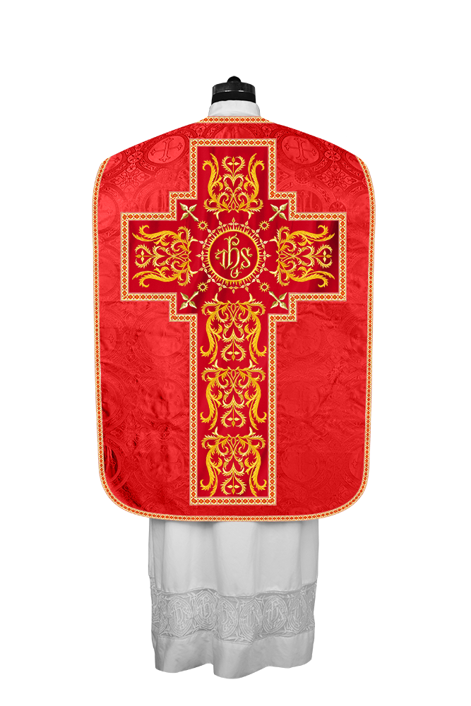 Liturgical Roman Chasuble Vestment With Spiritual Motifs and Trims
