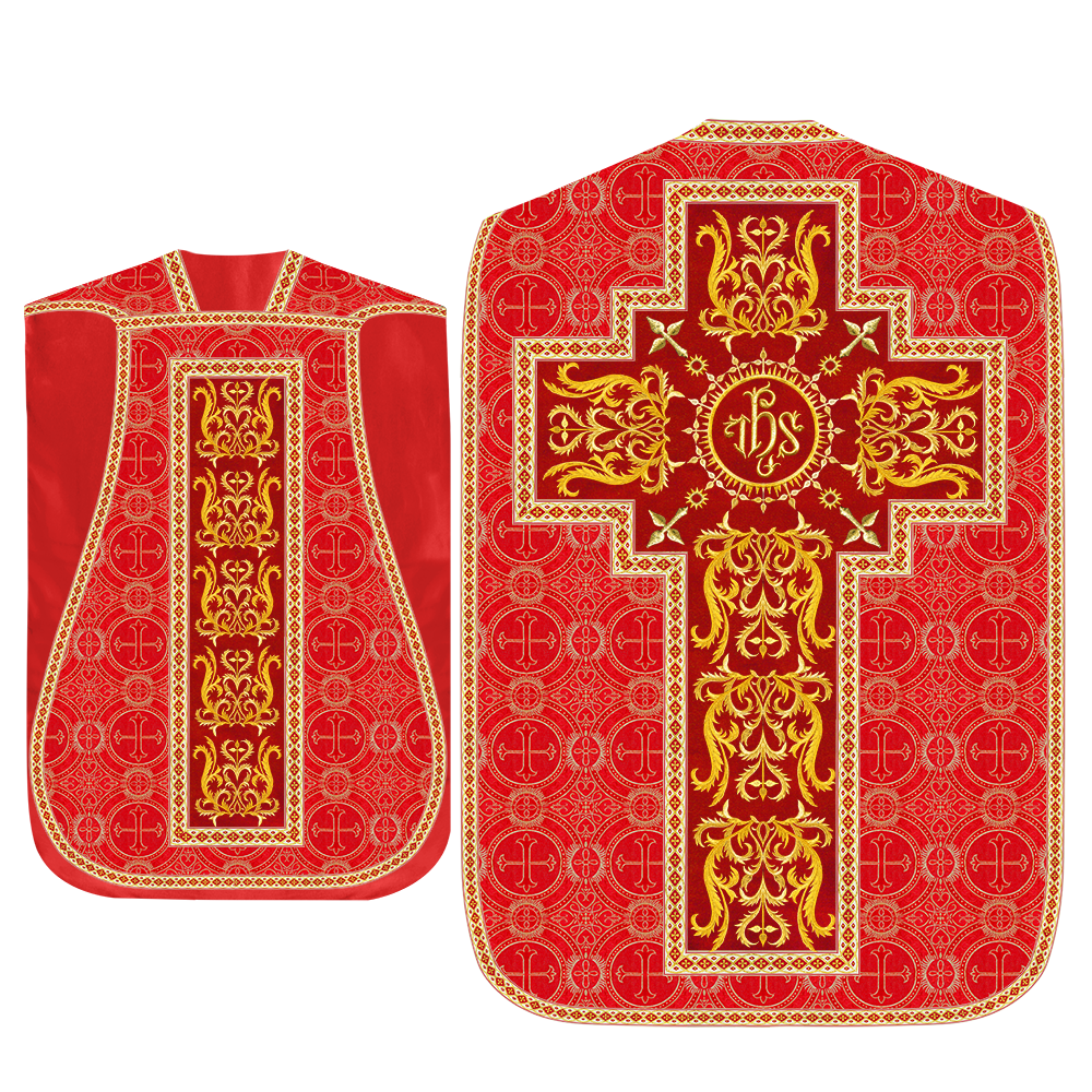 Liturgical Roman Chasuble Vestment With Spiritual Motifs and Trims