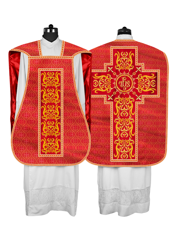 Liturgical Roman Chasuble Vestment With Spiritual Motifs and Trims