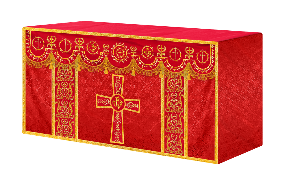 Traditional Altar Table Cloth with Ornate Motif and Embroidered Trims