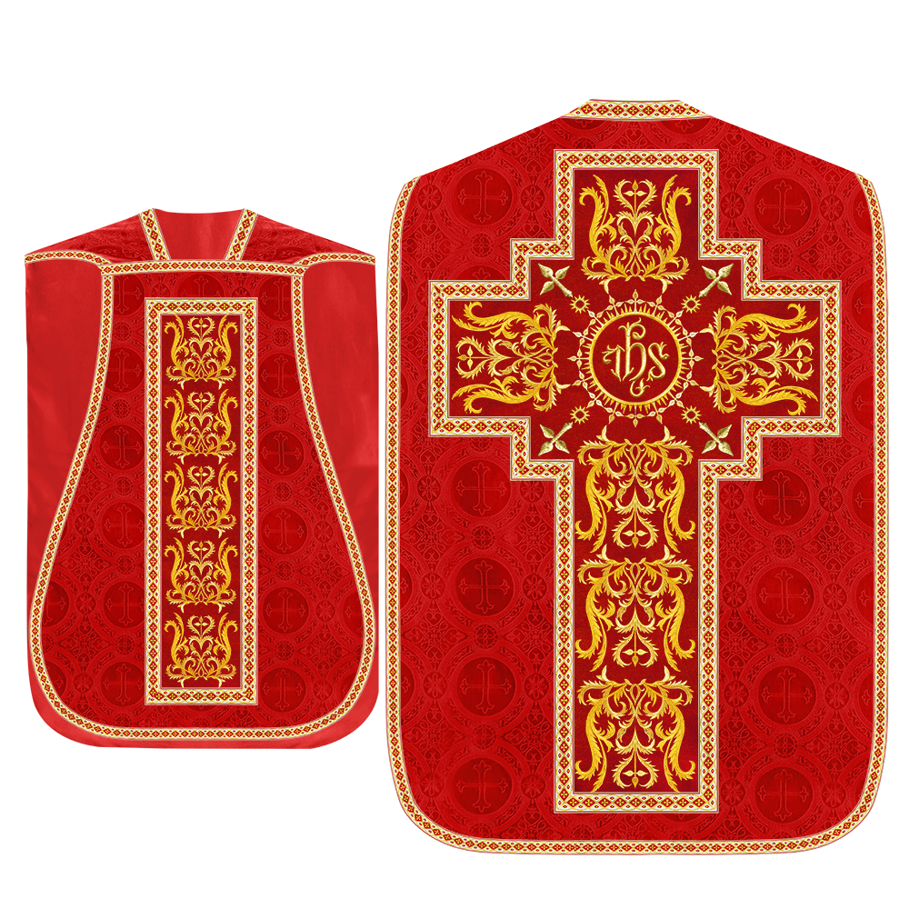 Liturgical Roman Chasuble Vestment With Spiritual Motifs and Trims