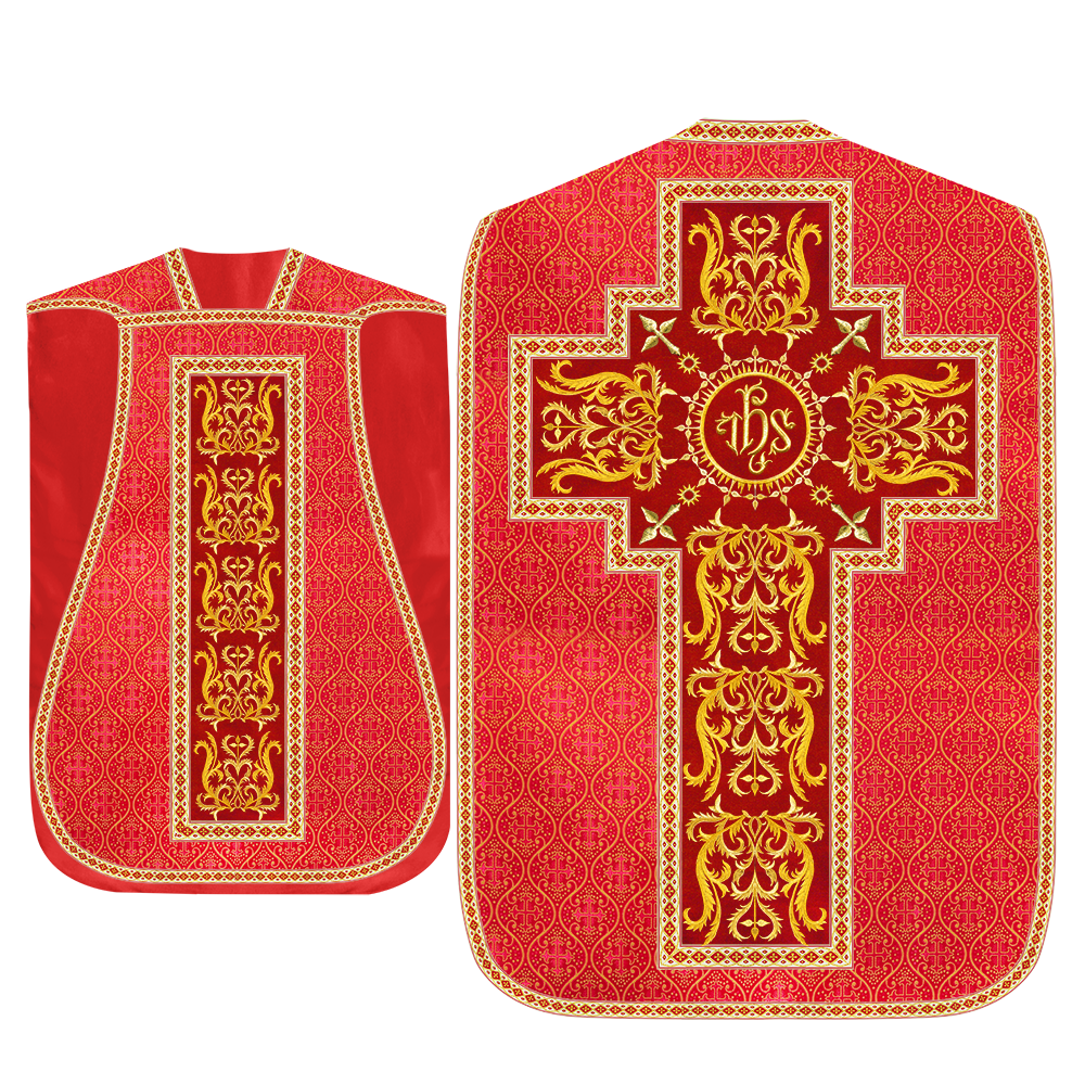 Liturgical Roman Chasuble Vestment With Spiritual Motifs and Trims