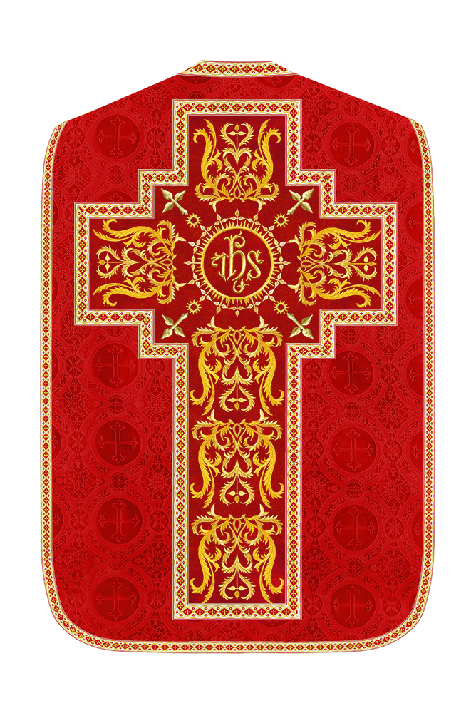 Liturgical Roman Chasuble Vestment With Spiritual Motifs and Trims