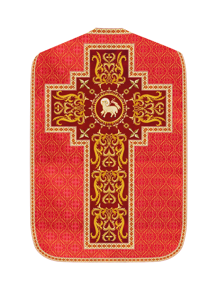 Liturgical Roman Chasuble Vestment With Spiritual Motifs and Trims