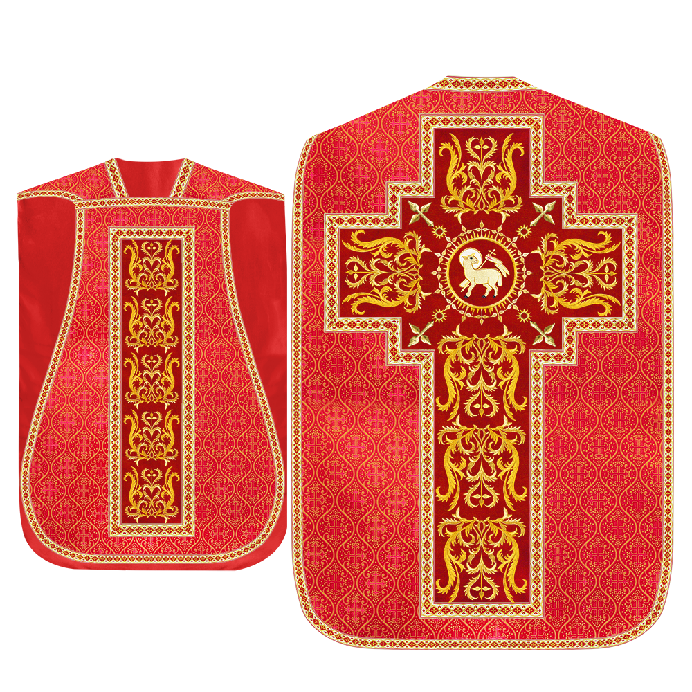 Liturgical Roman Chasuble Vestment With Spiritual Motifs and Trims