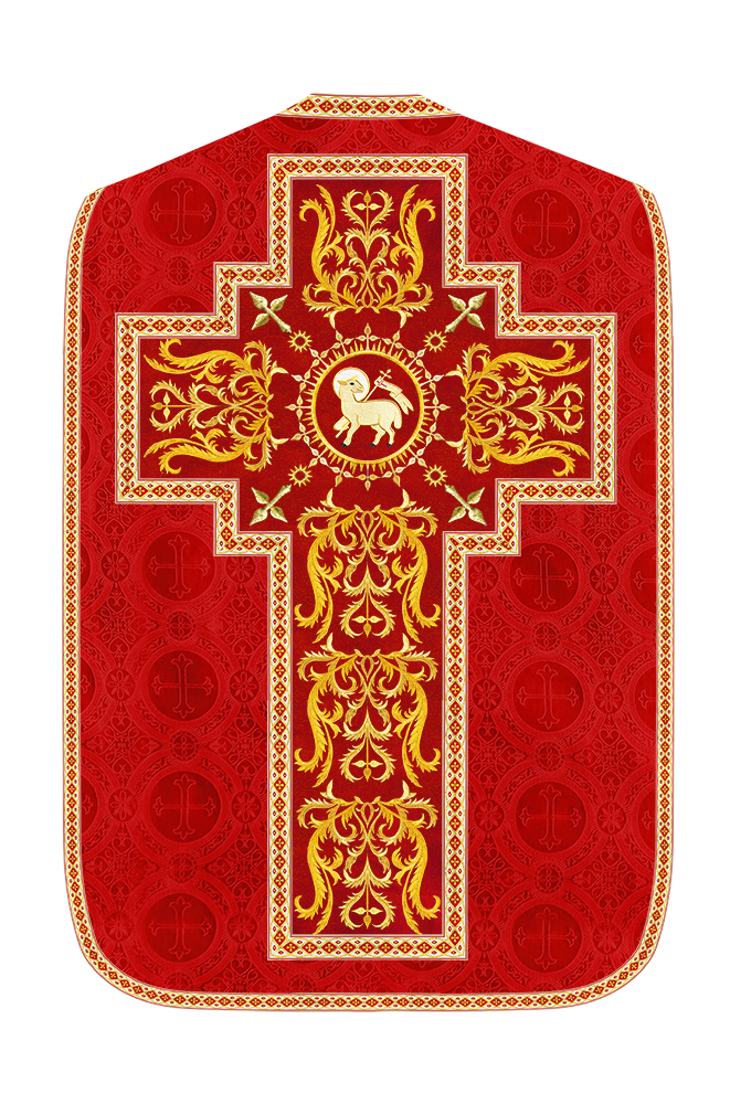 Liturgical Roman Chasuble Vestment With Spiritual Motifs and Trims