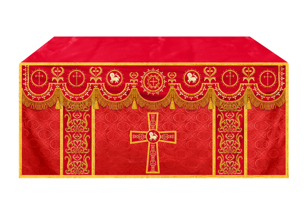 Traditional Altar Table Cloth with Ornate Motif and Embroidered Trims