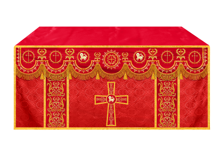 Traditional Altar Table Cloth with Ornate Motif and Embroidered Trims
