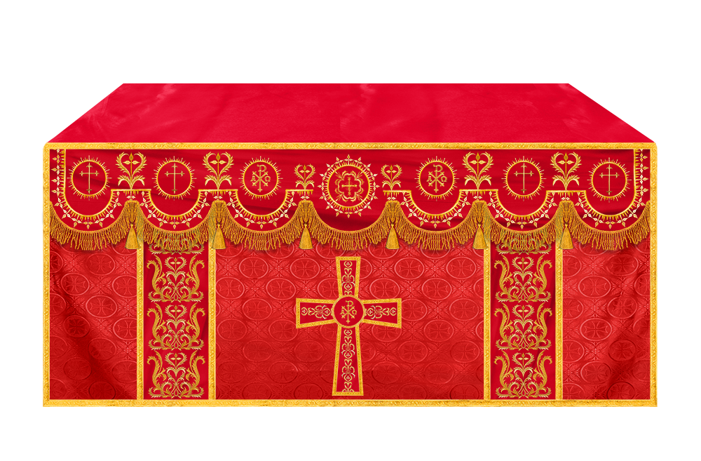 Traditional Altar Table Cloth with Ornate Motif and Embroidered Trims