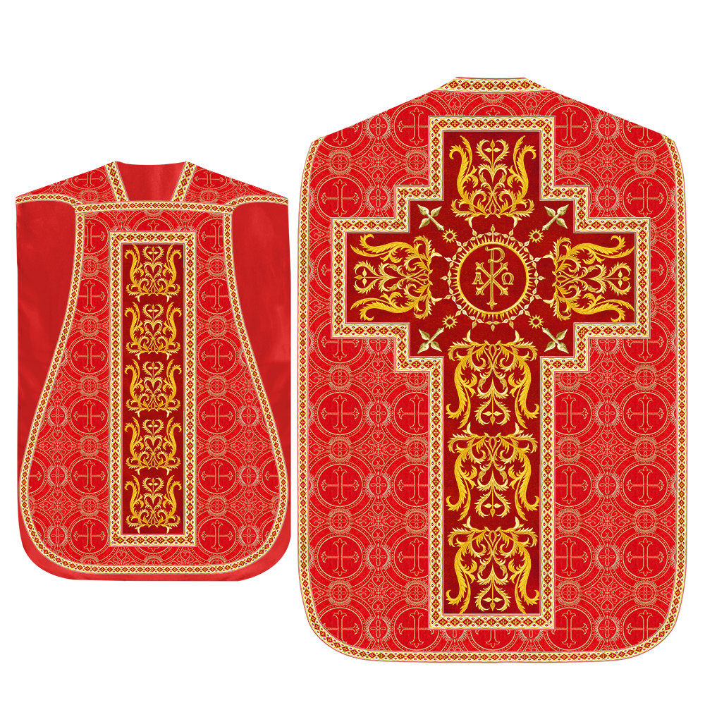 Liturgical Roman Chasuble Vestment With Spiritual Motifs and Trims