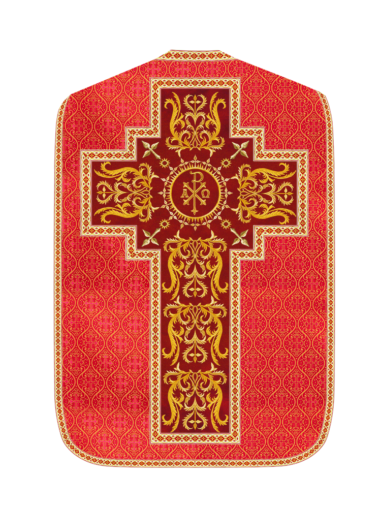 Liturgical Roman Chasuble Vestment With Spiritual Motifs and Trims